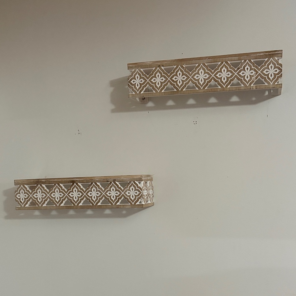 Geometric Patterned Wall Shelves - Brown and White